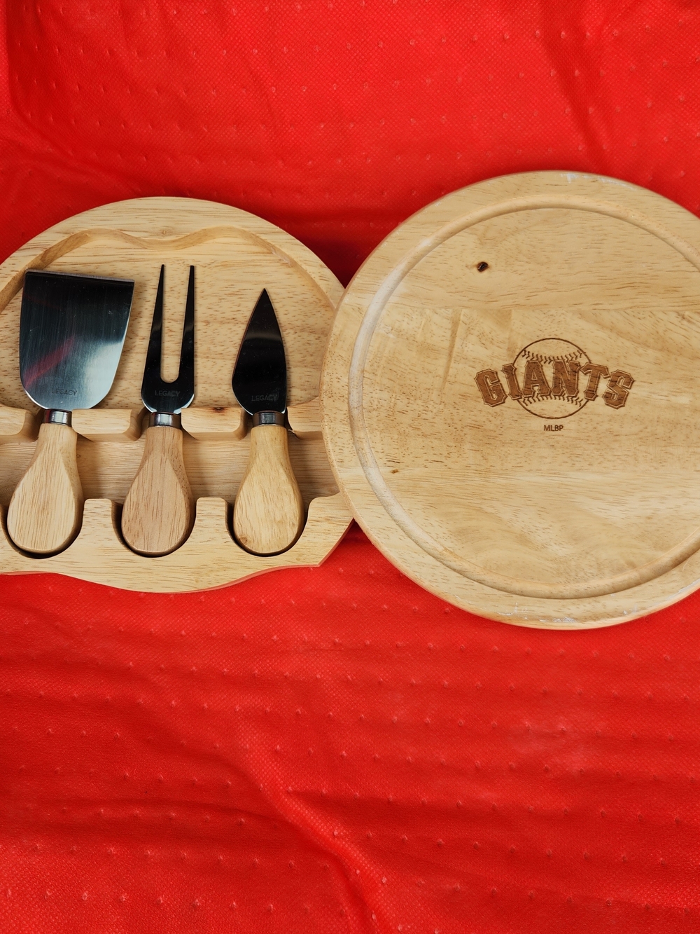 Giants Engraved Round Wood Cheese Board with 3-Piece Knife Set - Natural